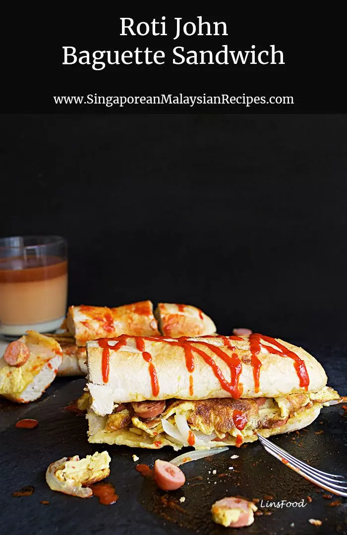 Roti John, baguette filled with eggs and sausages